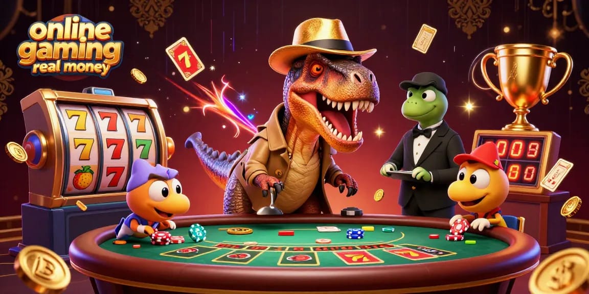 Engaging illustration of online gaming real money, featuring cartoon dinosaurs at a blackjack table in a vibrant casino environment.