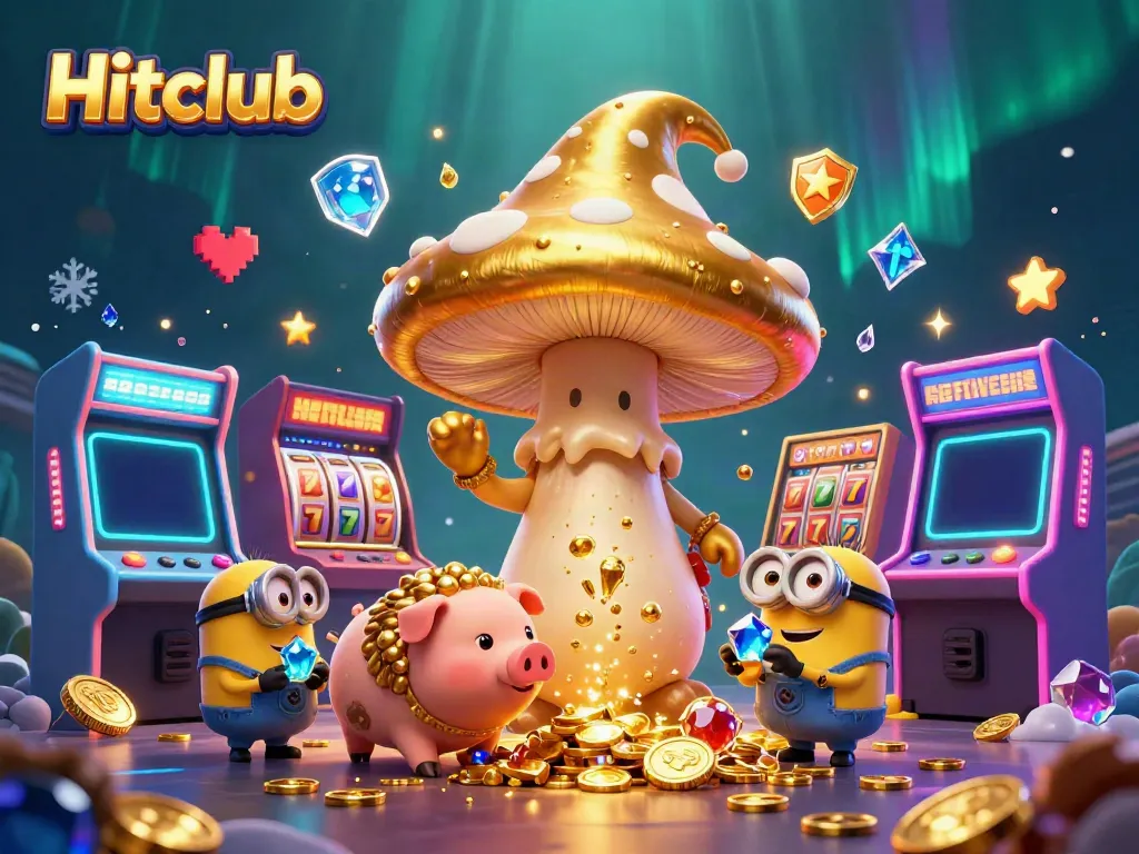 Join the thrilling world of Hitclub with a magical scene featuring a golden mushroom wizard, treasure, and casino games.
