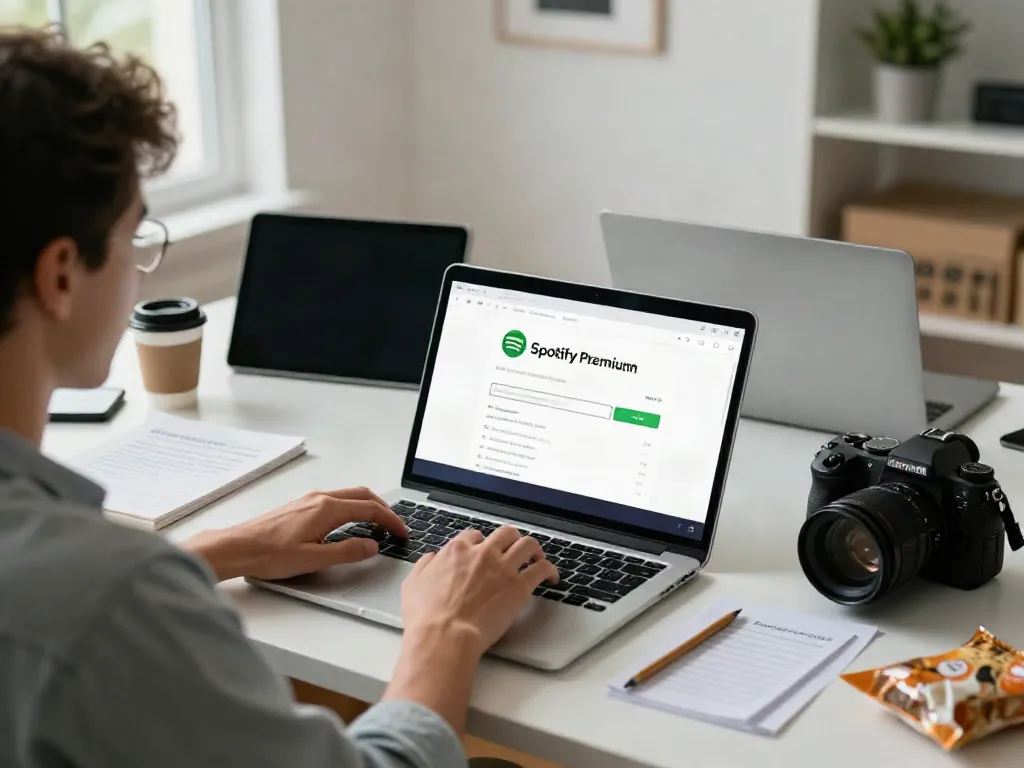 How to cancel Spotify Premium on a laptop in a modern workspace.