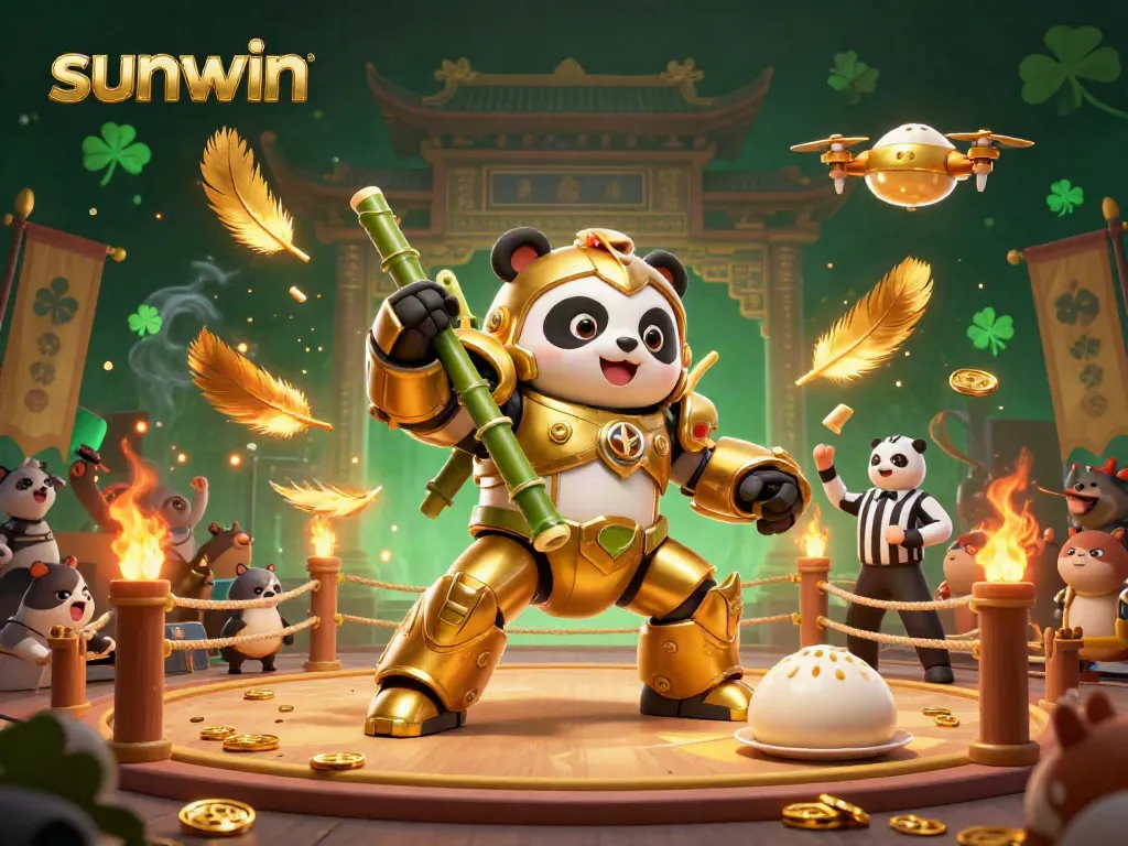 Engage in excitement at Sunwin with a mech-suit panda battling in a vivid casino-themed arena, surrounded by cheering spectators.