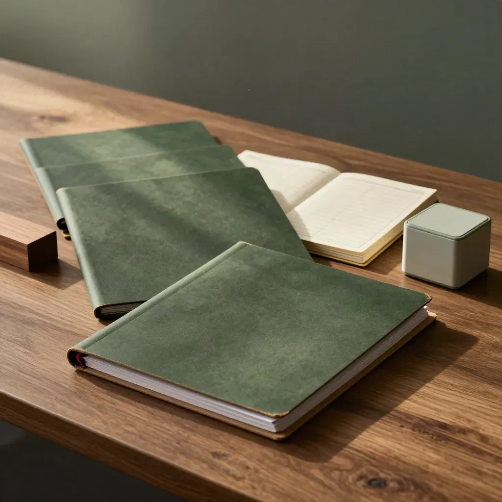 Vier werkmappen, een houten blok, kaartjes en plannerkubus op een houten tafel in zacht avondlicht.