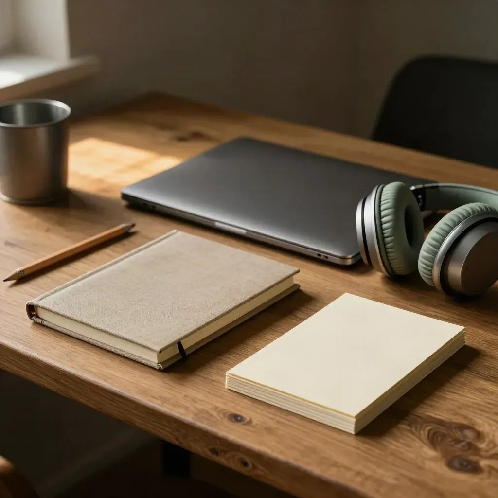 Compacte contentset met gesloten laptop, notitieboeken, potlood, koptelefoon en kaartjes op een houten tafel.