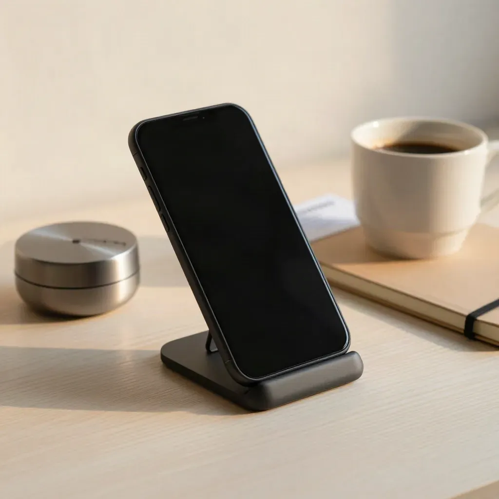 Telefoon op standaard, timer, notitieboek en koffiekop op licht houten oppervlak.