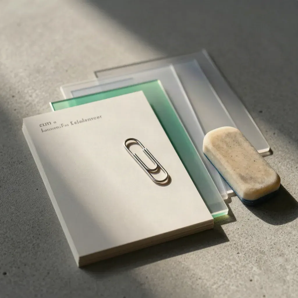Kaarten, paperclip, gummetje en transparante dividers op beton, klaar om bij te sturen.
