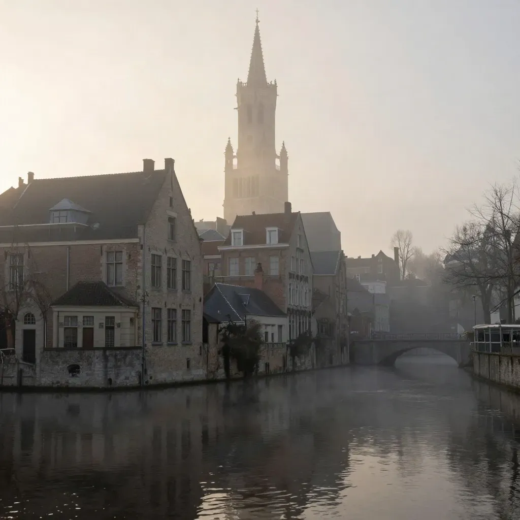 Domtoren en oude Utrechtse grachten in ochtendlijke mist, met rustige ruimte voor copy.