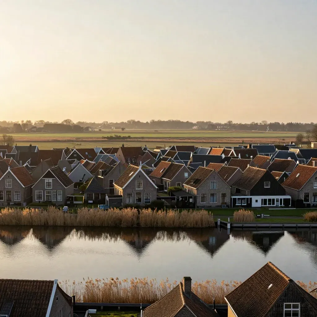 Historische daken boven stil water en een rustige polderrand in gouden avondlicht.