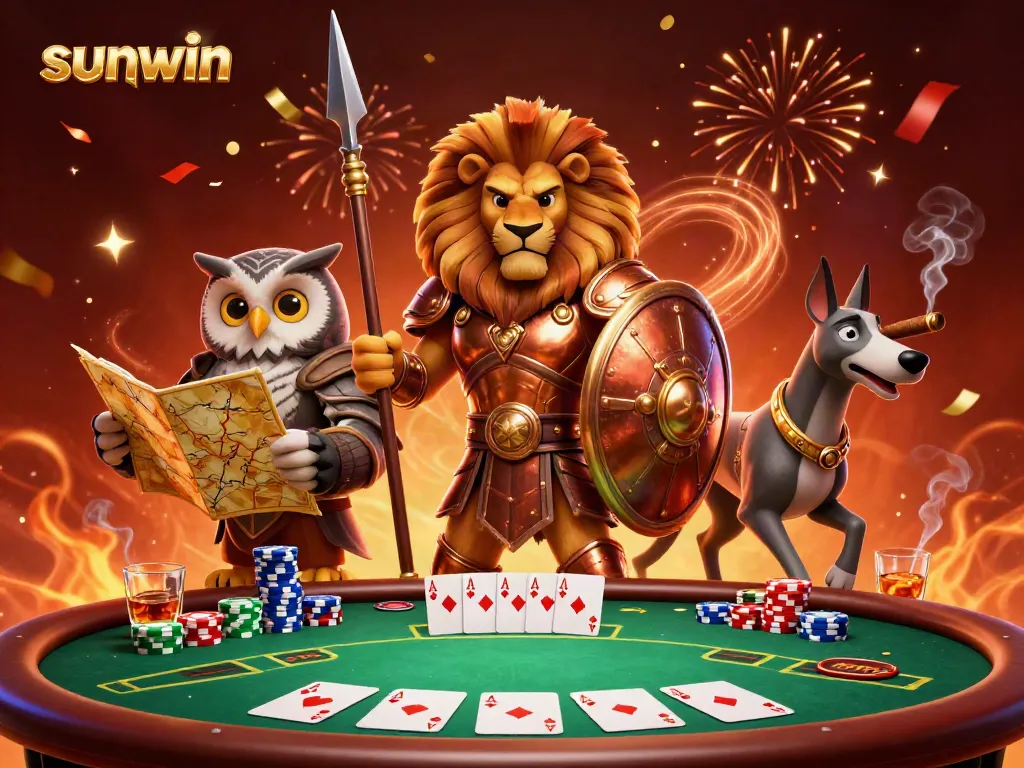Experience thrilling gaming with sunwin's dynamic casino scene featuring a Spartan lion, strategic owl, and swift greyhound.