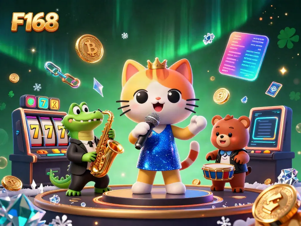 Engage with F168's vibrant casino experience featuring a jazz singer cat, saxophone crocodile, and drum-playing bear in a lively atmosphere.