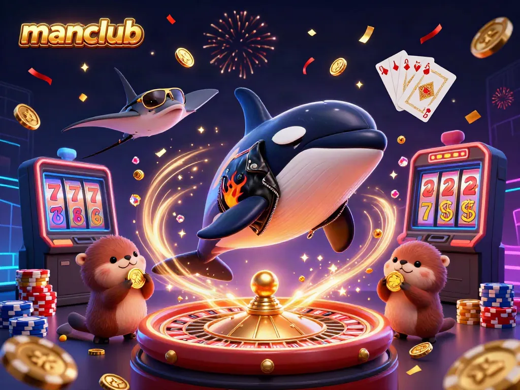 The manclub scene features a vibrant 3D illustration of an orca and stingray celebrating, surrounded by casino elements like golden coins and a roulette wheel, ideal for gaming promotions.