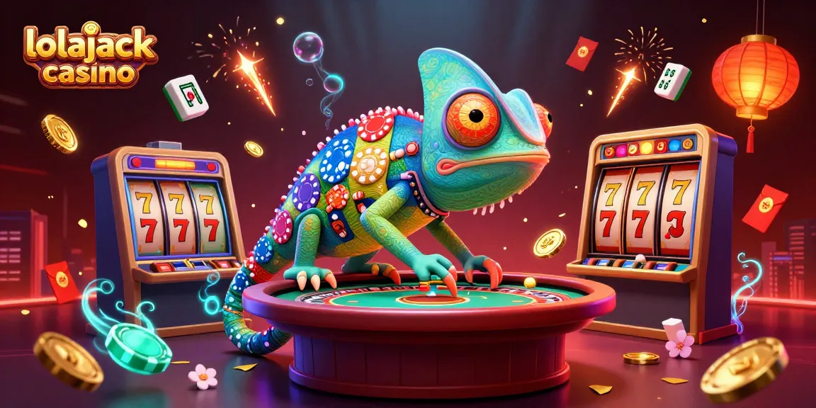 Experience the excitement at lolajack casino with a dynamic chameleon owner amidst game elements like slots and golden coins.