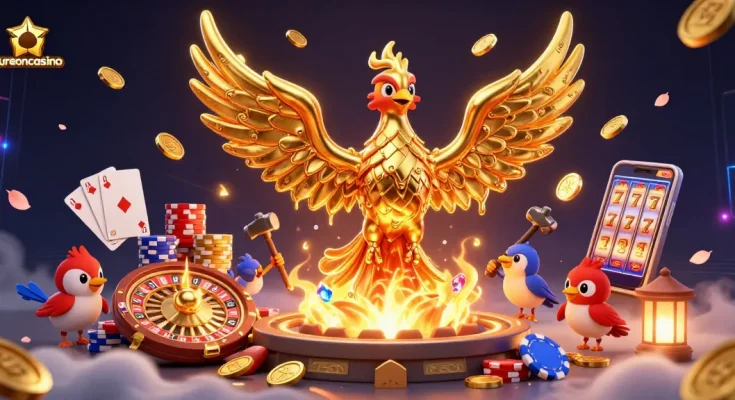 Aureoncasino features an enchanting golden phoenix in a lush casino scene filled with sparkling coins and vibrant games.