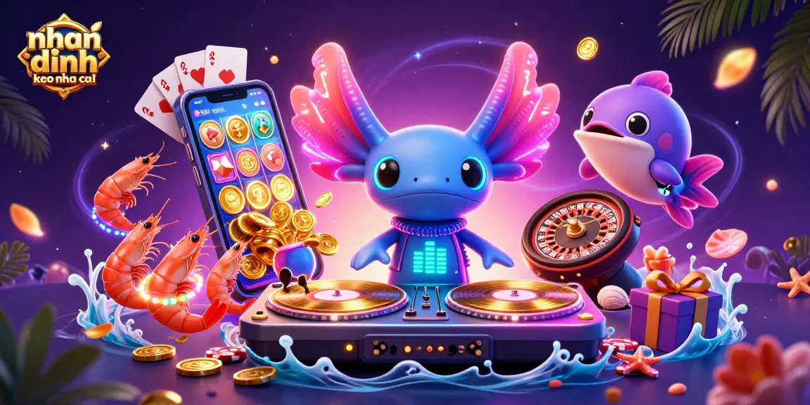 nhan dinh keo nha cai showcases an energetic scene with vibrant axolotl DJ, shrimp dancers, and underwater casino elements.