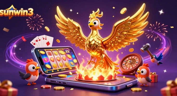 Experience the excitement of sunwin3 with a dynamic scene featuring a golden phoenix and casino game elements.